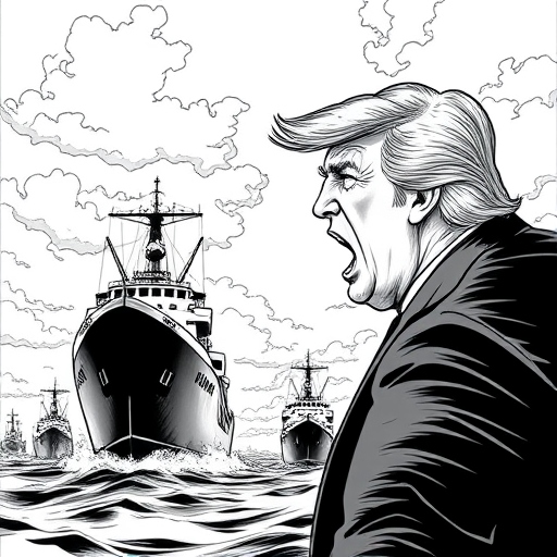 cartoon image of Trump yelling at cargo ships