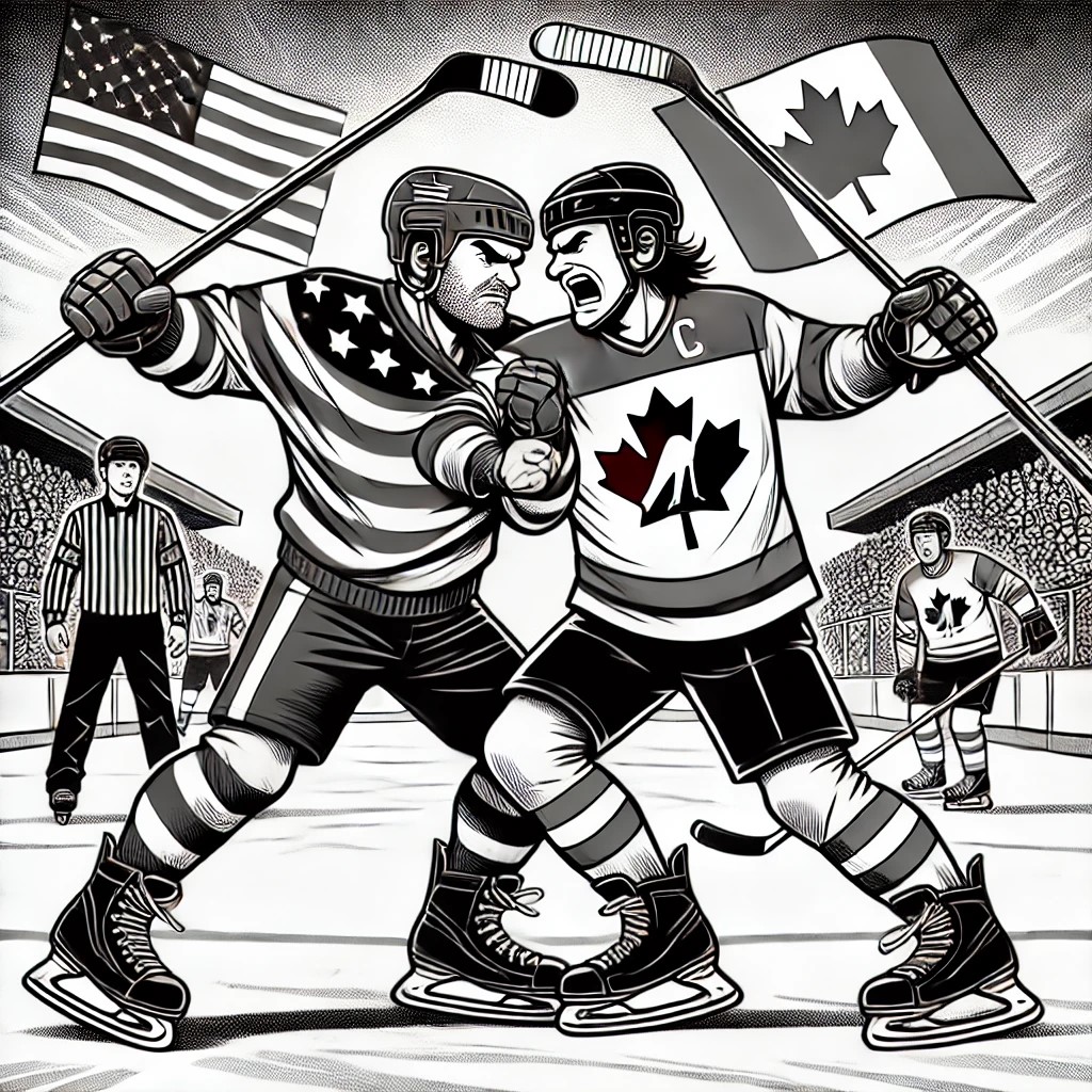 Canadian and American hockey players fighting