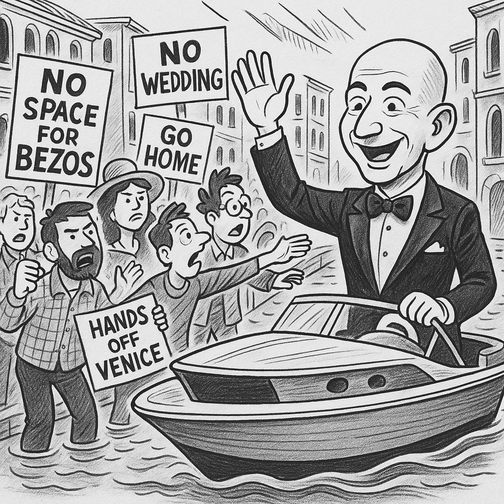 cartoon about protests at Jeff Bezos wedding in Venice
