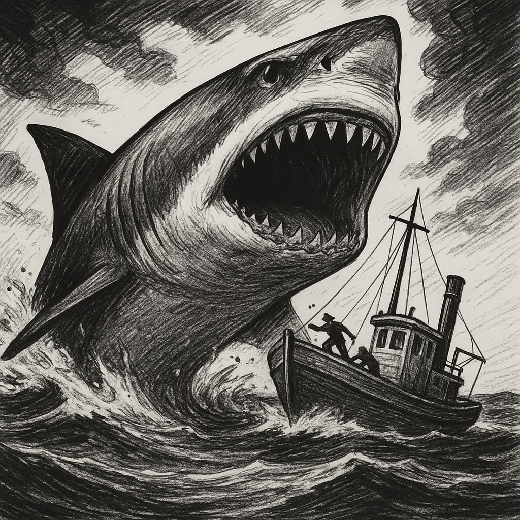 drawing of giant shark attacking a boat