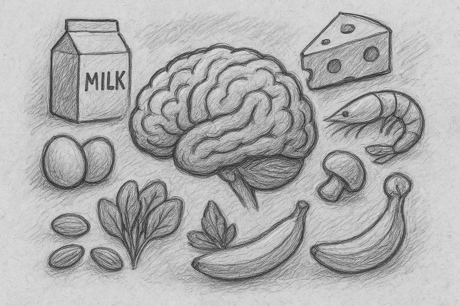 drawing of brain with riboflavin-rich foods