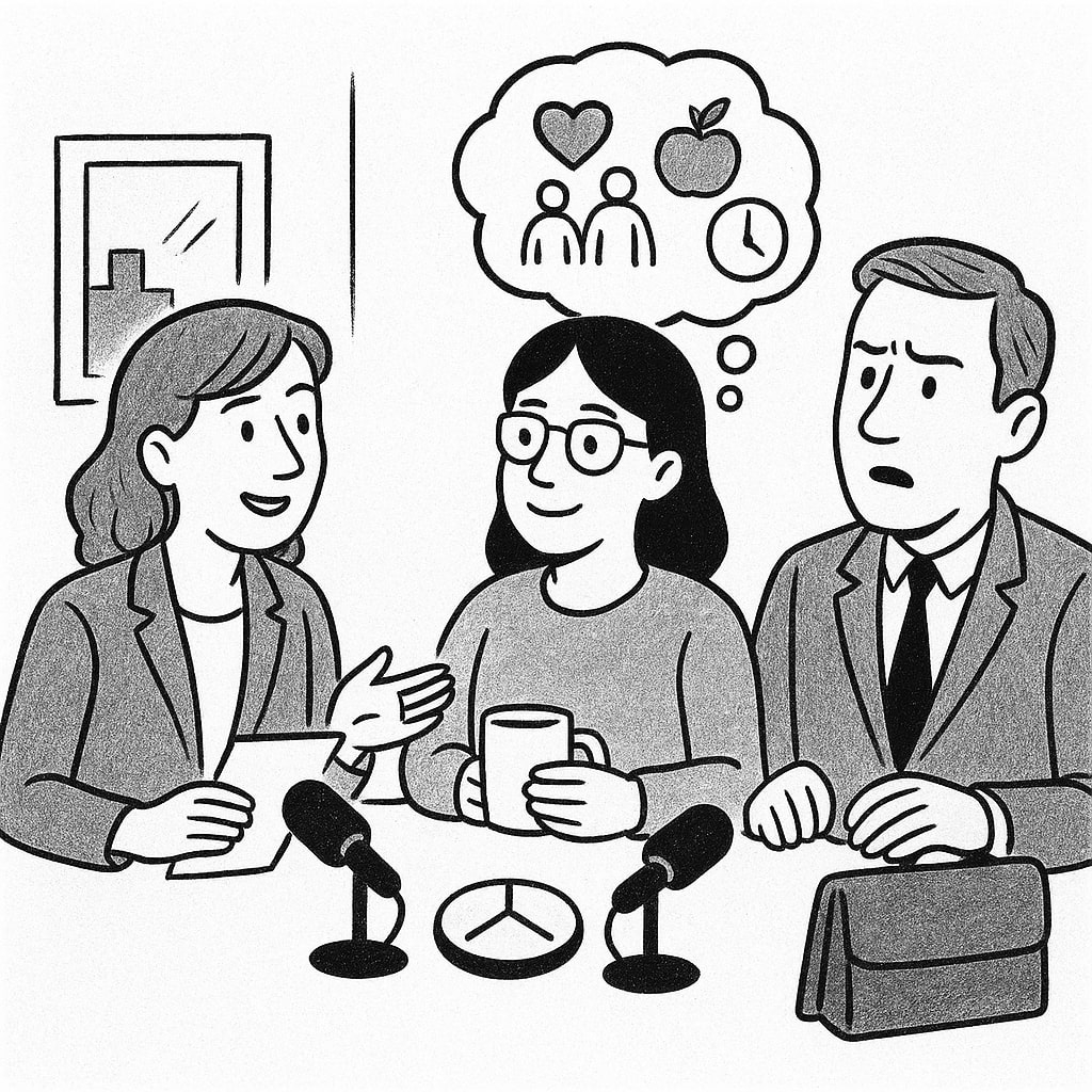 cartoon: radio program discussing a 35-hour work week