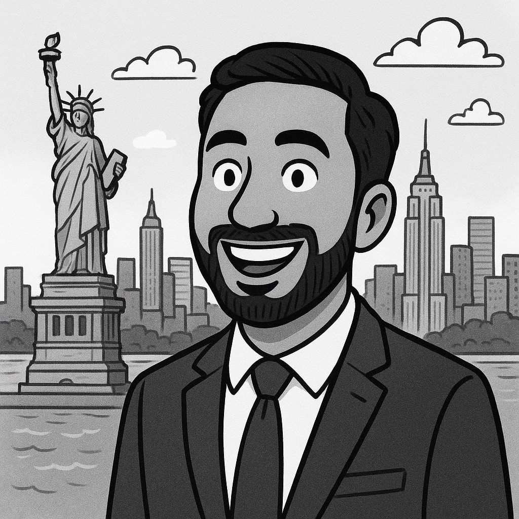Cartoon of Mayor Zohran Mamdani standing in front of New York skyline